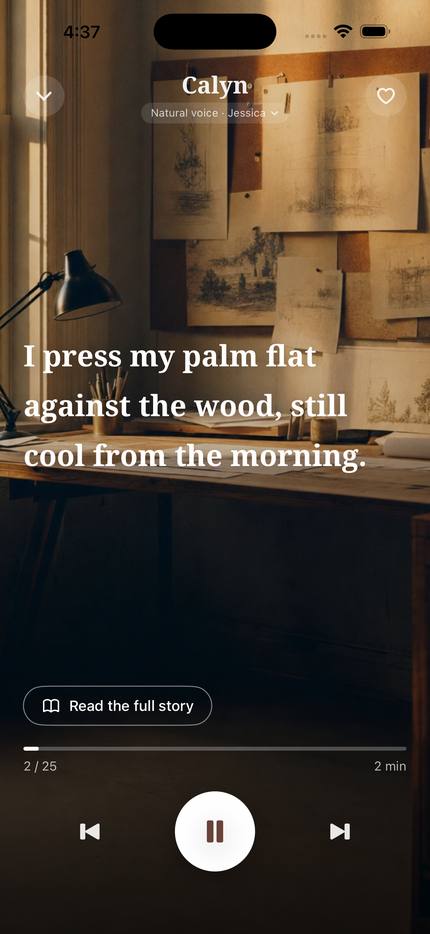 The player showing a line of the story over a photograph of a studio
